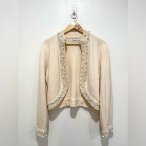 Vintage Magnolia Beige Open Pearl Embellished Lambswool Angora Cardigan Medium